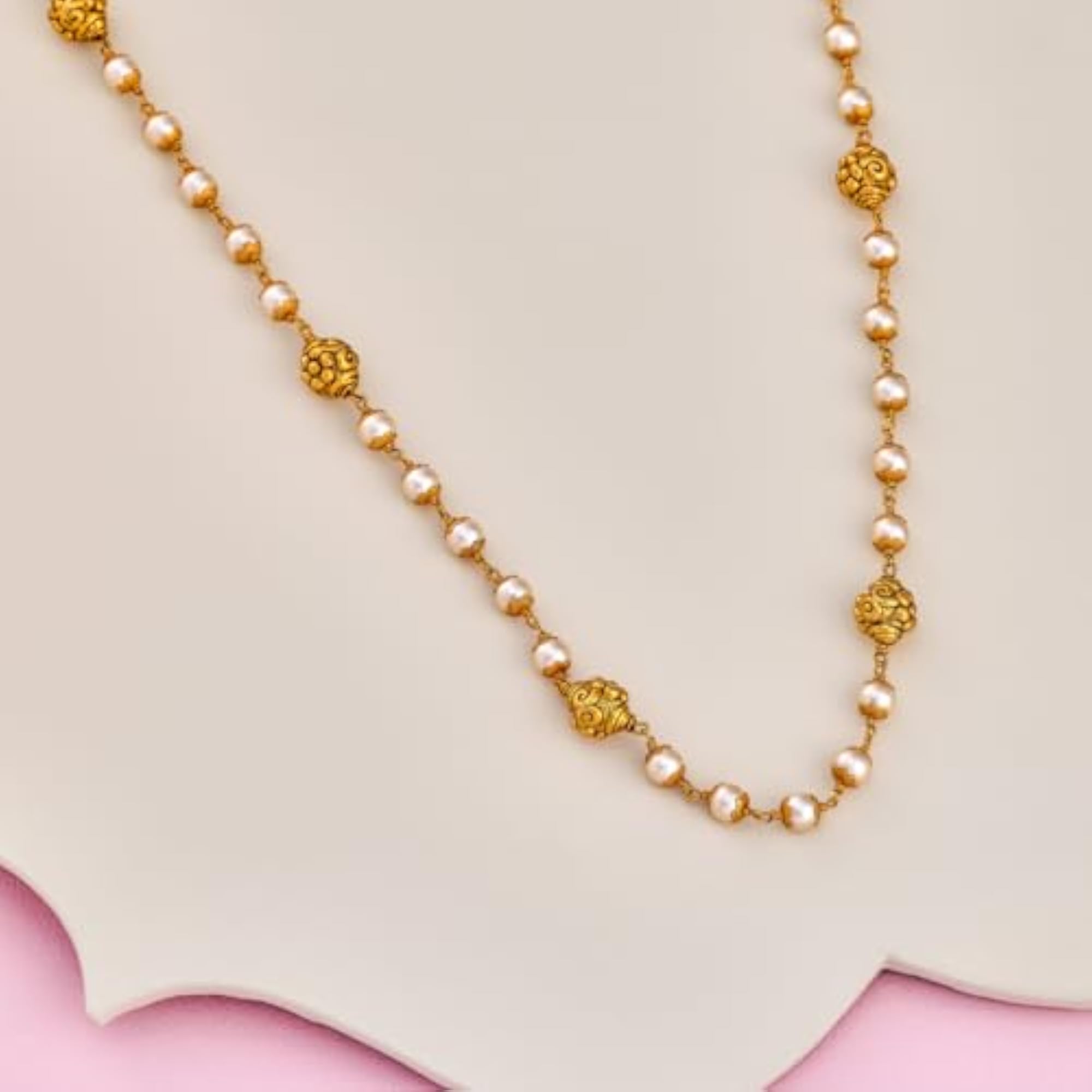Pearl Oxidised Gold Polished 92.5 Silver Temple Chain