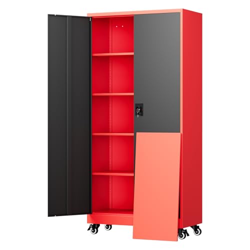 Image of Yizosh Metal Garage Storage Cabinet with Locking Doors and Adjustable Shelves,- 75 inch Rolling Steel Tool Cabinet for Home Office,Garage,Warehouse