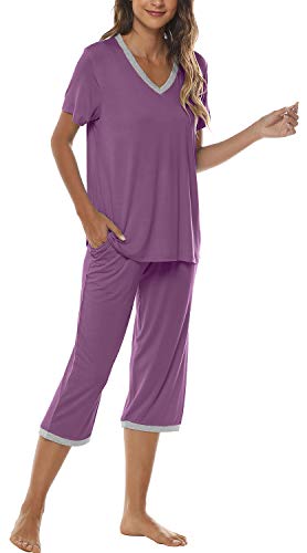 Image of JINSHI Women's Pajamas Set Short Sleeve Top and Capri Pants Lightweight Sleepwear Comfy Pjs Lounge Set with Pockets