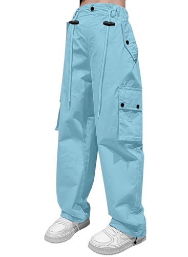 Image of HENGAO Girls Cargo Pants Parachute Casual Jogger Y2K 5-14 Years | Kids Baggy pants Parachute, Drawstring, with Pockets, Elastic High Waist, Loose Trousers Streetwear