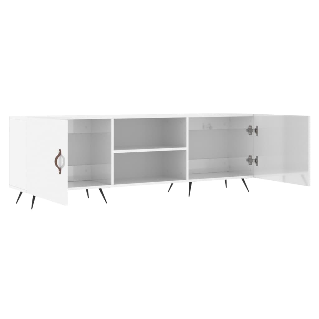 Szafka pod telewizor, wysoki połysk, biała, 150 x 30 x 50 cm, materiał drewnopochodny z 4 półkami i żelaznymi nogami – szklany stolik pod telewizor do przechowywania i stabilnej prezentacji