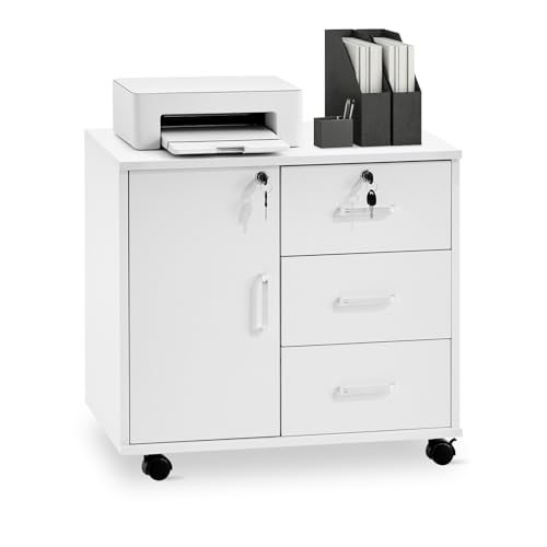TUKAILAi Archivador Móviles con 4 Cajones y Cerradura, Armario de Oficina con Ruedas, Armario Multiusos con Gran Almacenaje para A4 Documentos en Formato Carta 40 x 60 x 57 cm (Blanco)