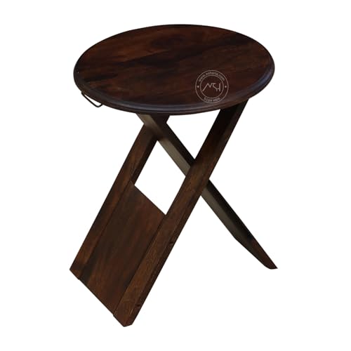 Image of NSH Luxury Sheesham Solid Wood Cross Leg Coffee Side Table | Multipurpose Stool for Living Room, Bedroom or Dining Room | Walnut Finish, 1 Wooden Table Side End Stool