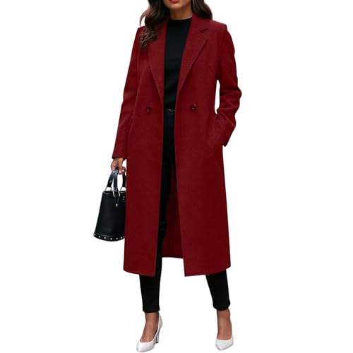 Image of Long Fall Winter Wool Coats for Women 2025 Notched Lapel Collar Single-Breasted Peacoat Trench Coat Overcoat Jackets Red L