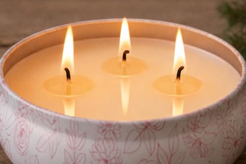 Image of Peony & Rose Scented Multi-Wick Tin Candle | Reusable Printed Tin Container - 5 x 2 inch | 16 Hour Burn Time | Lead-Free Wicks | Home Decor & Gifting