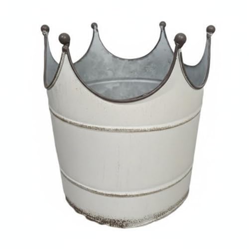 MotiveTech Vintage Iron Flower Container Pot Crown Shaped Planter With Drainage Hole Crown Shape Planter for Patio, White 0203B