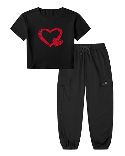 Image of Betusline Girls 2 Piece Summer Outfits,Black Heart Cute Short Sleeve Crop Tops + Black Cargo Jogger Pants Clothes,13-14 Years = Tag 170