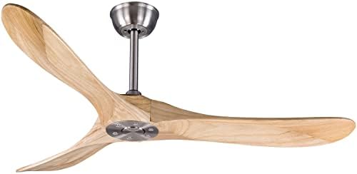 Bigzone 52" Outdoor/Indoor Wooden Ceiling Fan with Remote Control, DC motor quiet energy saving, 3 Solid Wood Blades, Brushed Nickel Ceiling Fan With Reversible Blades