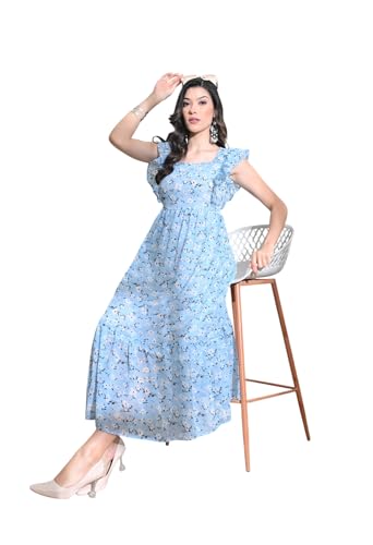 Image of IUGA Georgette Jacquard Butti Square Neck Knee Length Western Dresses for Women