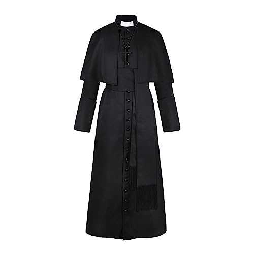 Gothden Costume de Moine Médiéval avec Tunique, Prêtre de la Renaissance, Ensemble Complet de Cosplay d'Halloween pour Adultes Hommes, Noir , L
