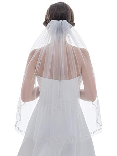 Samky 1T 1 Tier Offset Floral Vine Edge Crystal Pearl Veil - Light Ivory Elbow Length 30" V578 #TOP1