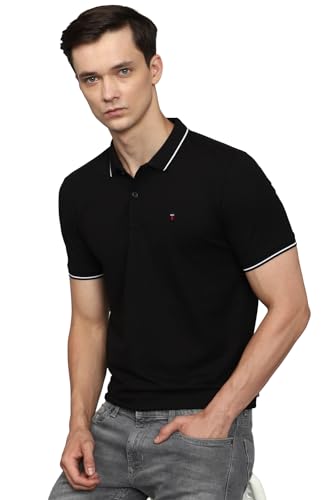 Image of Louis Philippe Men's Slim Fit Single-Tuck Pique Stylized Sleeve Print and Contrast Tipping Half Sleeve Solid Polo Tshirt