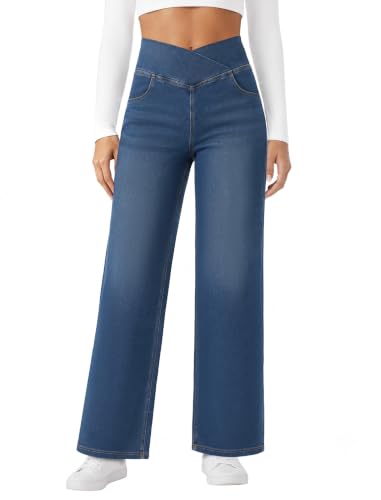 FireSwan Women's Wide Leg Jeans Crossover High Waist Stretchy Denim Pants