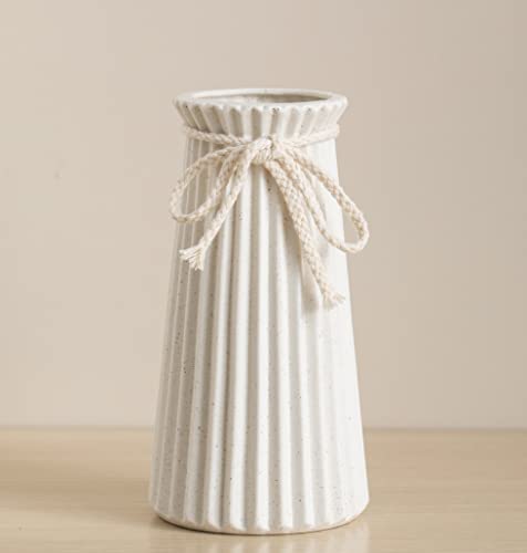 8 Inch Ceramic Boho Vase with Stripes for Flowers, Matt off-White Ribbed Vase for Rustic Farmhouse Style Home Decor, Small Decorative Vases for Shelf, Table & Entryway Decor