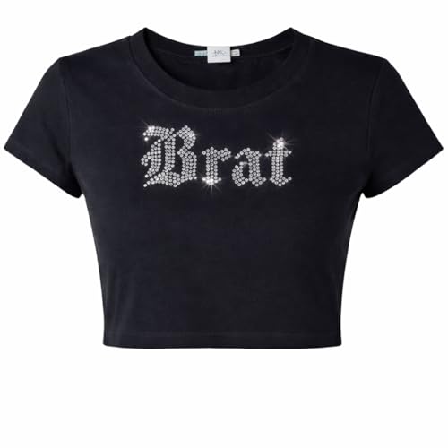 Y2K brat Tshirt Meme Shirt Pink Rhinestone Text Baby tee Crop top Funny Shirt Womens Crop top Slim Fit Crop Top (Small)