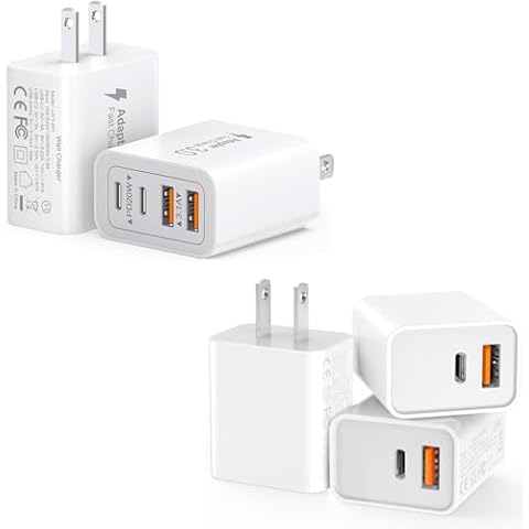 3-Pack 20W Wall Charger Durable Dual Port QC+PD 3.0 Power Adapter & 2-Pack 40W 4-Port USB and C Charger Block Cover