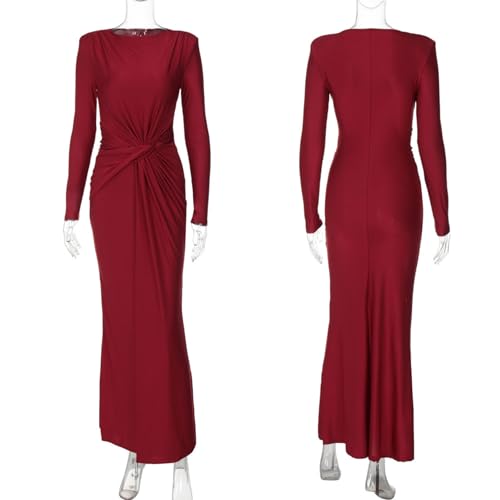 Image of RARITYUS Women's Elegant Knot Ruched Long Sleeve Maxi Dress Shoulder Pads Long Formal Dress Cocktail Evening Party Dress