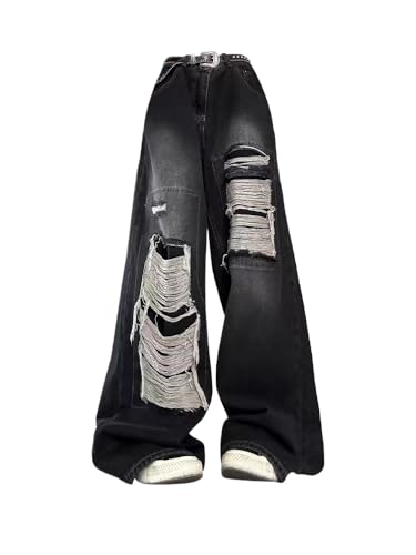 Women's Gothic Pants Vintage Korean Fashion Y2k Streetwear Ripped Pants Harajuku Casual Wide Leg Denim Trousers