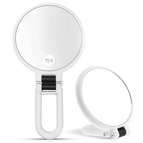 IZIVAN ®️ Espejo de Aumento 15x Plegable de Mano con Mango - Ideal para Maquillaje y Viajes, Espejo Pequeño Portátil para Peluquería.