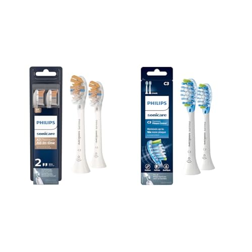 Philips Sonicare Genuine A3 Premium All-in-One Replacement Toothbrush Heads, 2 Brush Heads, White, HX9092/65 & Genuine C3 Premium Plaque Control Replacement Toothbrush Heads, 2 Brush Heads