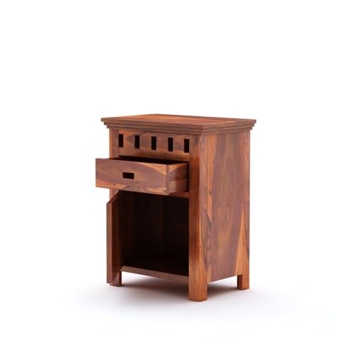Image of Sheesham Wood Bedside Table with Drawer and Door Storage for Bedroom Wooden Nightstand End Table for Home (Honey Finish)