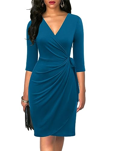 Image of Berydress Women's 3 /4 Sleeve V Neck Casual Party Work Faux Black Wrap Dress