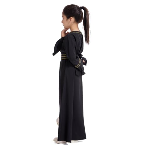 FYMNSI Kids Girls Dubai Kaftan Dresses Long Bell Sleeve Islamic Maxi Robe Dress with Belt Prayer Clothes Muslim Abaya Thobe4