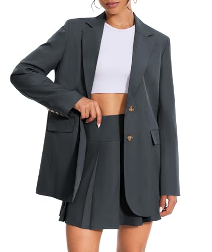 2 Piece Skirt Outfits for Women Business Casual Blazer Set Mini Pleated A-Line Skort Notched Collar Jacket Fall Matching Suit Dark Grey L
