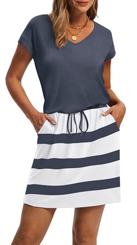 Vestidos De Verano para Mujer 2025 V Neck Short Sleeve T Shirts Tie Waist Beach Dress Sundresses with Pockets Stiped Floral L Blue White3