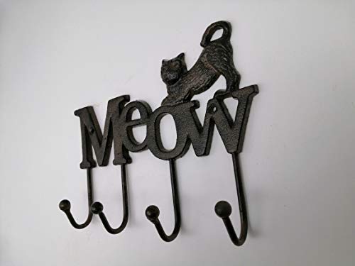 Comfy Hour Antique And Vintage Animal Collection 6" Cast Iron Cat Meow Four Key Hooks Key Chain Wall Hanger #TOP1