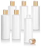 8 oz / 240 ml White Refillable Plastic HDPE Cylinder Squeeze Bottle with (6 pack, Gold Disc Cap)