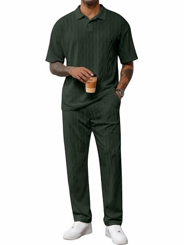 JMIERR Mens 2 Piece Outfits Textured Polo Shirts and Pants Suits for...