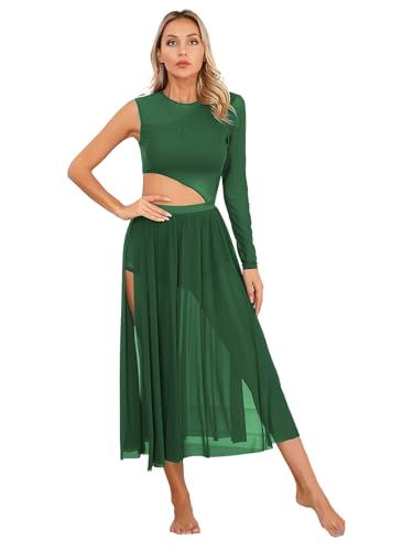 CHICTRY Lyrisches Kleid Damen Modern Dance Tanzkleid EIN Schulter Ballettkleid Cut Out Body Mesh Patchwork Trikot Mit Chiffon Schlitz Rock Dancewear...