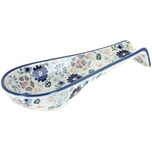 Blue Rose Polish Pottery - Gray Carnival Medium Spoon Rest - 9.5" x 3.5" - Heat-Resistant Decorative Spoon Holder for Cooking