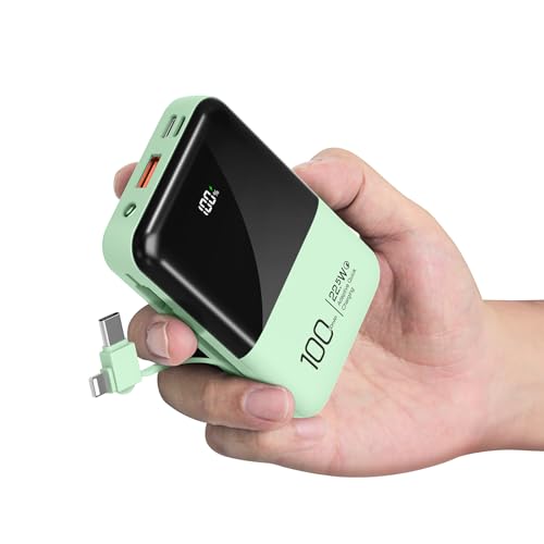 Power Bank 10000mAh with Built in Cables 22.W Mini USB C Battery pack 4 Outputs 2 Inputs with LED Flashlight Type C Portable Charger Compatible with iPhone 15 iPads Tablets and More (Green)