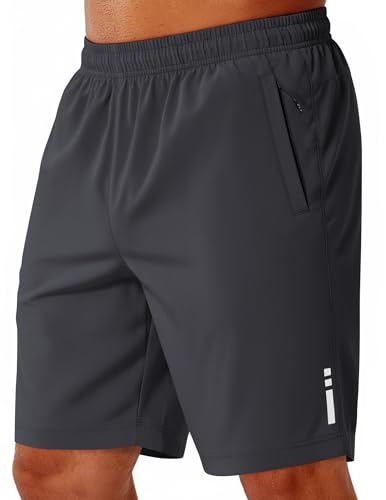COOFANDY Mens Athletic Running Shorts 9" Lightweight Quick Dry Drawstring Mesh Gym Shorts with Zipper Pockets (Dark Grey, Large)