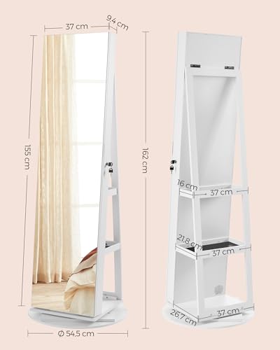 SONGMICS JJC007W01 Schmuckschrank mit Spiegel auf Füßen, abschließbar, mit 6 LEDs, Schmuckaufbewahrung, um 360° drehbar, rahmenlos, 3 Ablagen, weiße Oberfläche, schwarze Innenauskleidung