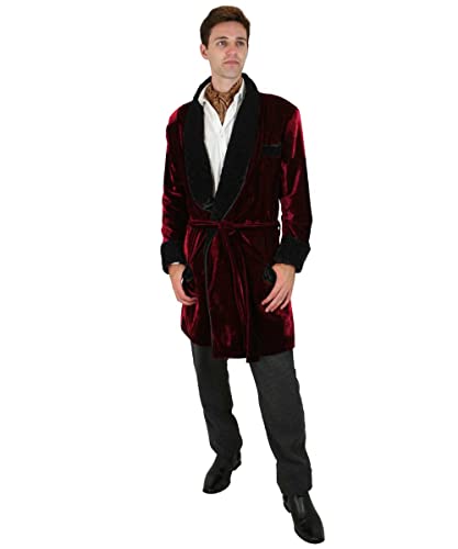 Historical Emporium Men's Vintage Plush Velvet Smoking Robe, Velvet Trim and Tie