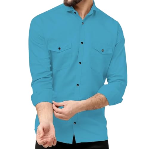Image of Double Pocket Men's Casual Shirt - Regular Fit, Solid Spread Collar, Versatile Everyday Wear, Comfortable and Stylish Design, Ideal for All Seasons Dark Firozi