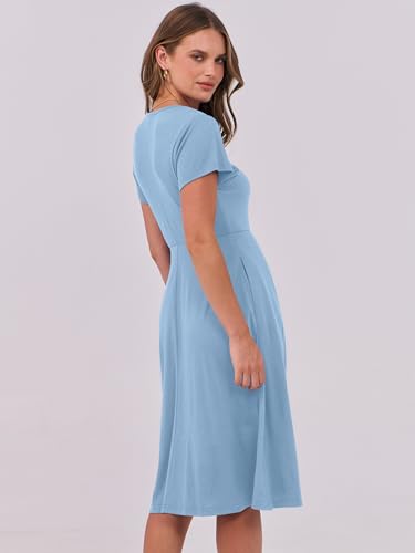 Image of ANRABESS Women Summer Dress Casual Short Sleeve V Neck A-Line Knee Length Pleated Flowy 2026 Fashion Midi Dresses with Pocket