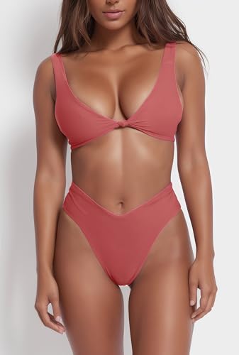 Image of geluboao Bikini Set for Women Solid V Neck Knot Front Push Up High Leg Thong Two Piece Swimsuit