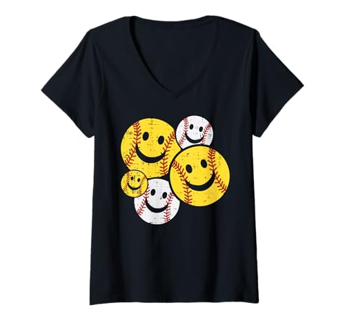Mujer Happy Baseball Faces Deportes Jugador Entrenador Hombres Mujeres Niños Niños Camiseta Cuello V