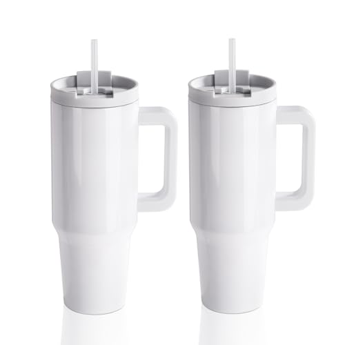 PYD Life 2 Pack 40 OZ Sublimation Tumblers with Removable Handle White Blanks Stainless Steel Cups Mugs with Lid and Plastic Straw for Tumbler Heat Press Sublimation Oven Printing