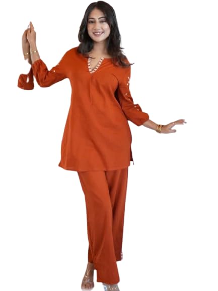 Women's Round V-Neck Three Quarter Sleeve Short Top with Matching Orange Pant Co-ord Set-image-18