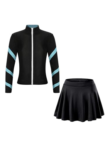 easyforever Kids Girls Sports Outfit Stripe Stand Collar Zipper Sweatshirt With Athletic Skirt Sets Dancewear Activewear Light Blue 12-13 Years