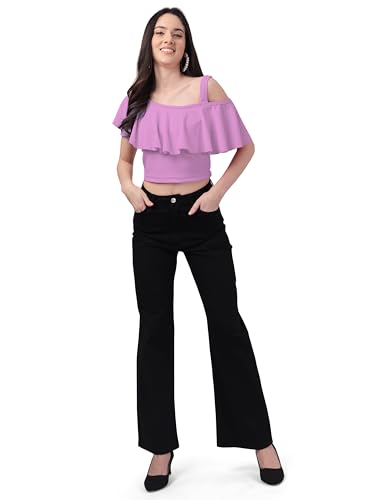 Image of Mehrang Women's Casual Solid Flared Crop Top Round Neck Stretchable Blend for Women /Top for Girls