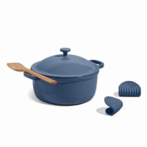 Our Place Cast Iron Perfect Pot | 6-in-1 Multifunctional 5.5 Qt. Toxin-Free Enameled Dutch Oven with Self-Basting Lid | Hot Grips & Beechwood Scraper | Induction Cooktop and Oven Safe | Blue Salt