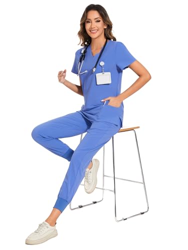 image for COZYFIT Scrubs for Women Set - Stretch V-Neck Scrub Top & Jogger Pant 