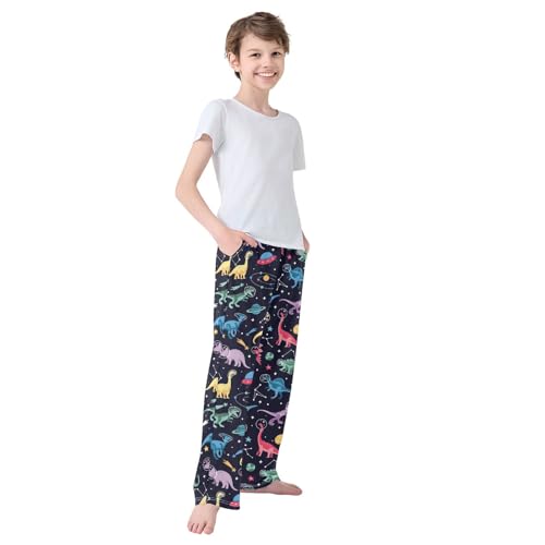 CaTaKu Boys Dinosaur Space Ship Rocket Pants for Boys Girls Wide Leg Sweatpants Kids Long Bottoms with Pockets Size 6-14Y3