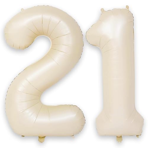 Beige 21st Birthday Balloons Number 21 40 Inch Large Foil 1 & 2 Numbers Balloons for 21 Year Old Boys Girls Cream Giant Helium Balloon for Women Men 21st 12th Birthday Anniversary Party Decorations